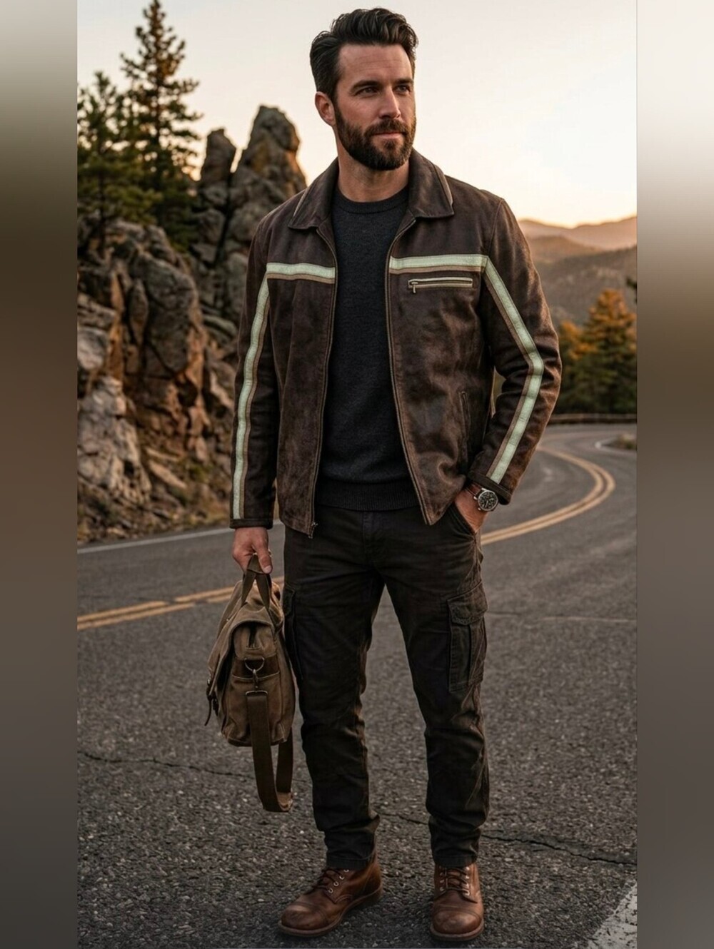 EXCELLED Men's Dark Brown and Tan Bomber  Leather Jacket